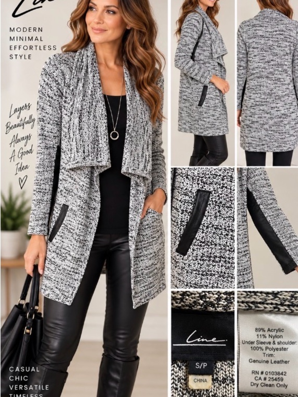 Line Mixed Knit Waterfall Cardigan Genuine Leather Trim Black & Grey